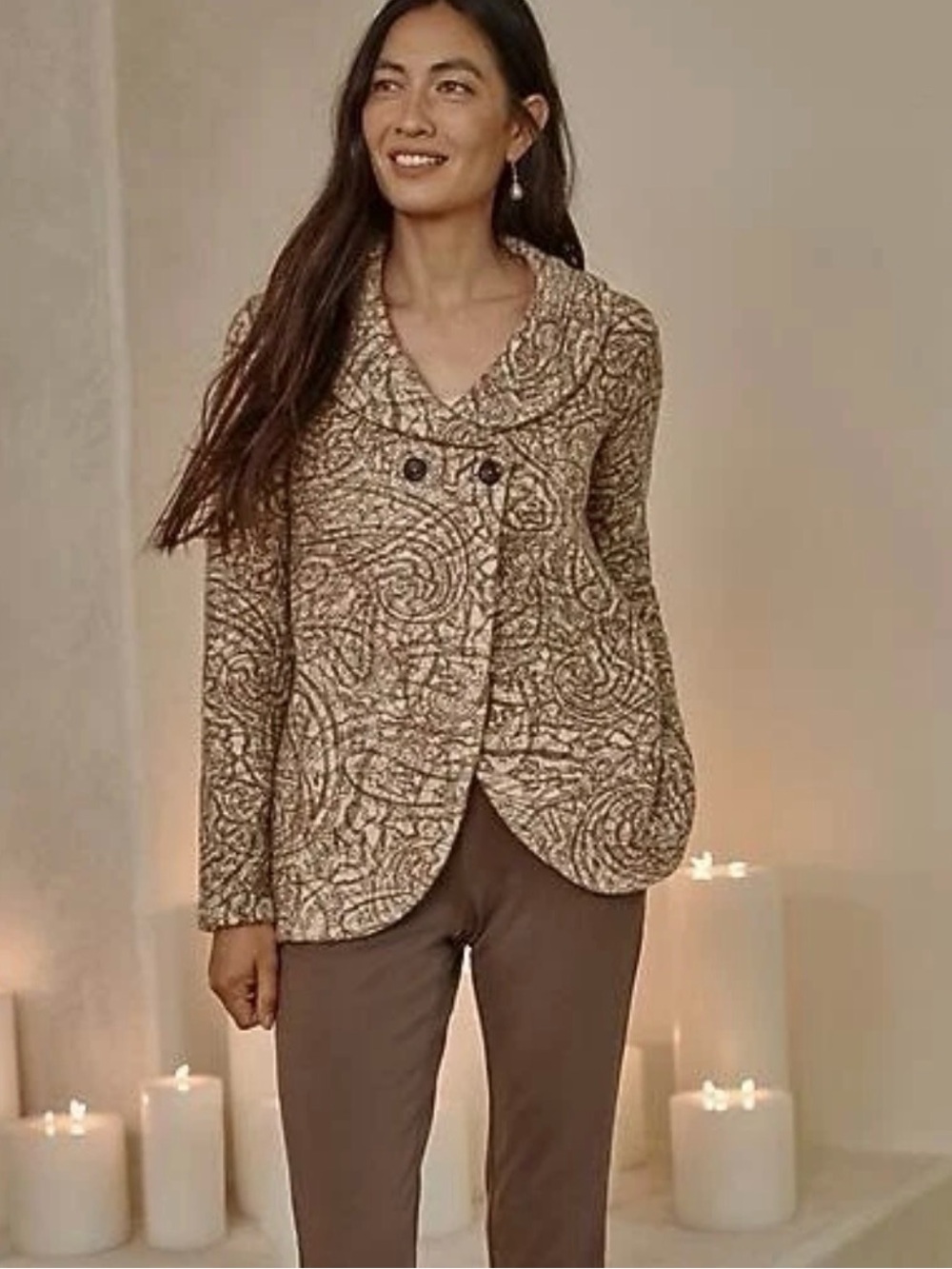 Pure Jill Curved Front Printed Cardigan Knit Neutral Paisley Collar 2X J Jill